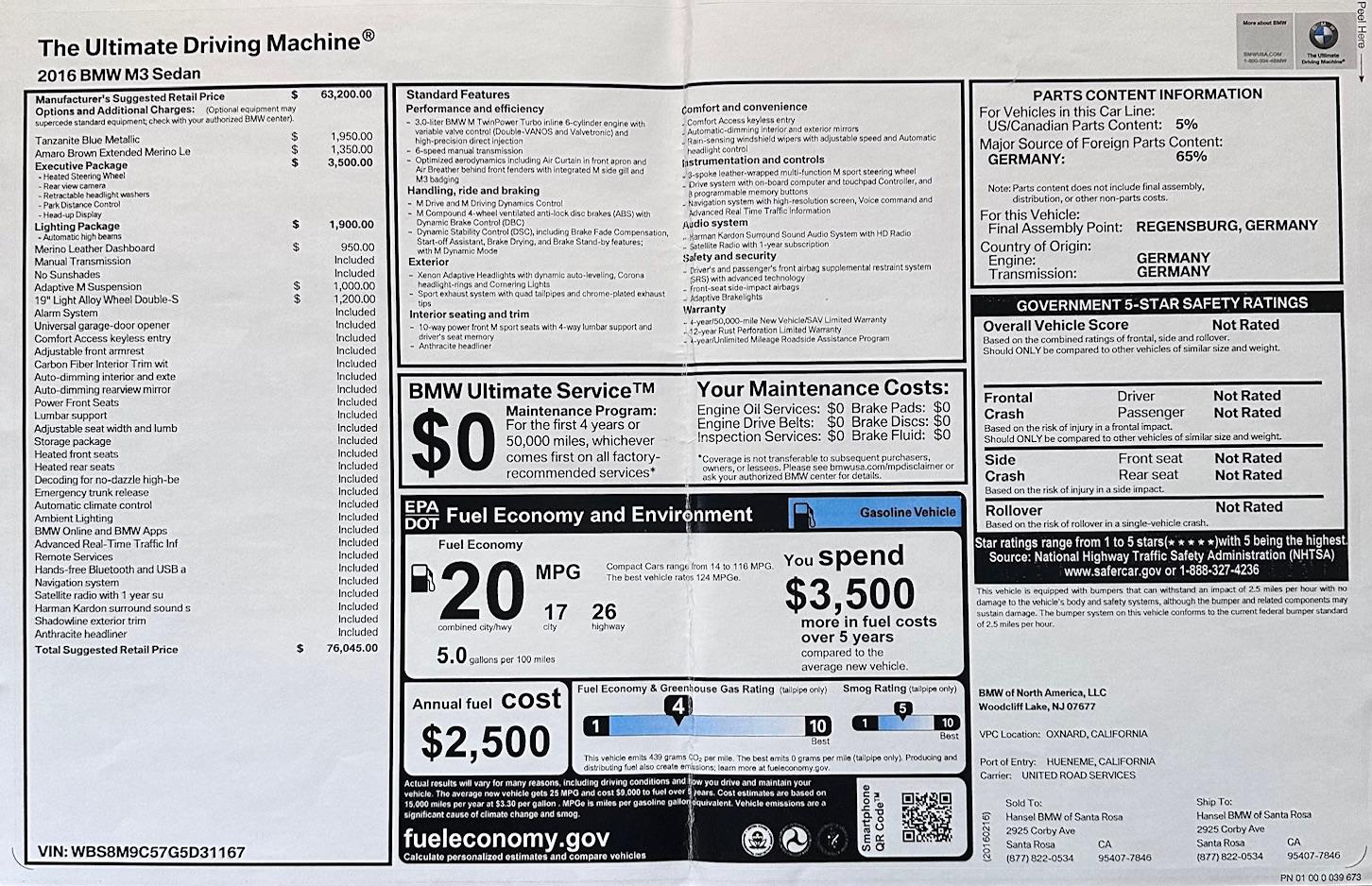 35k-Mile 2016 BMW M3 6-Speed