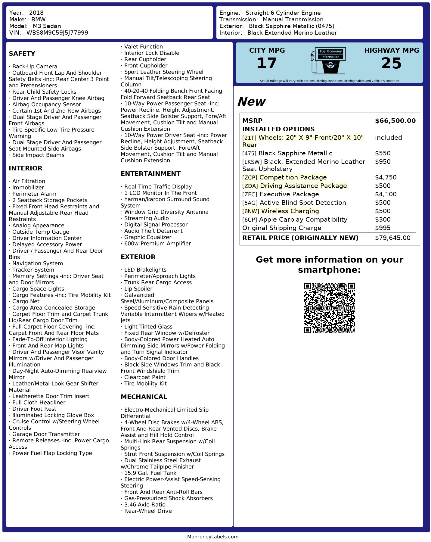 14k-Mile 2018 BMW M3 Competition Package 6-Speed