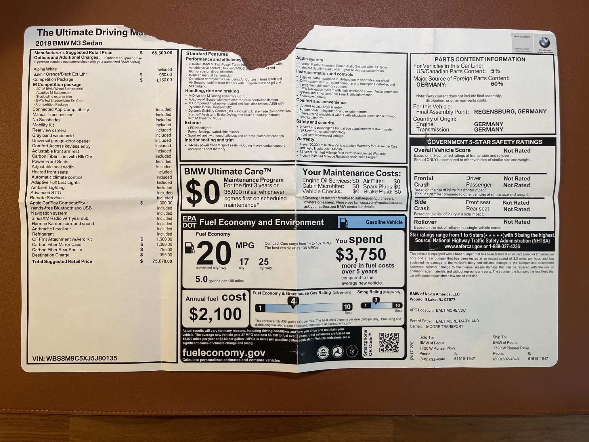 32k-Mile 2018 BMW M3 Competition Package 6-Speed